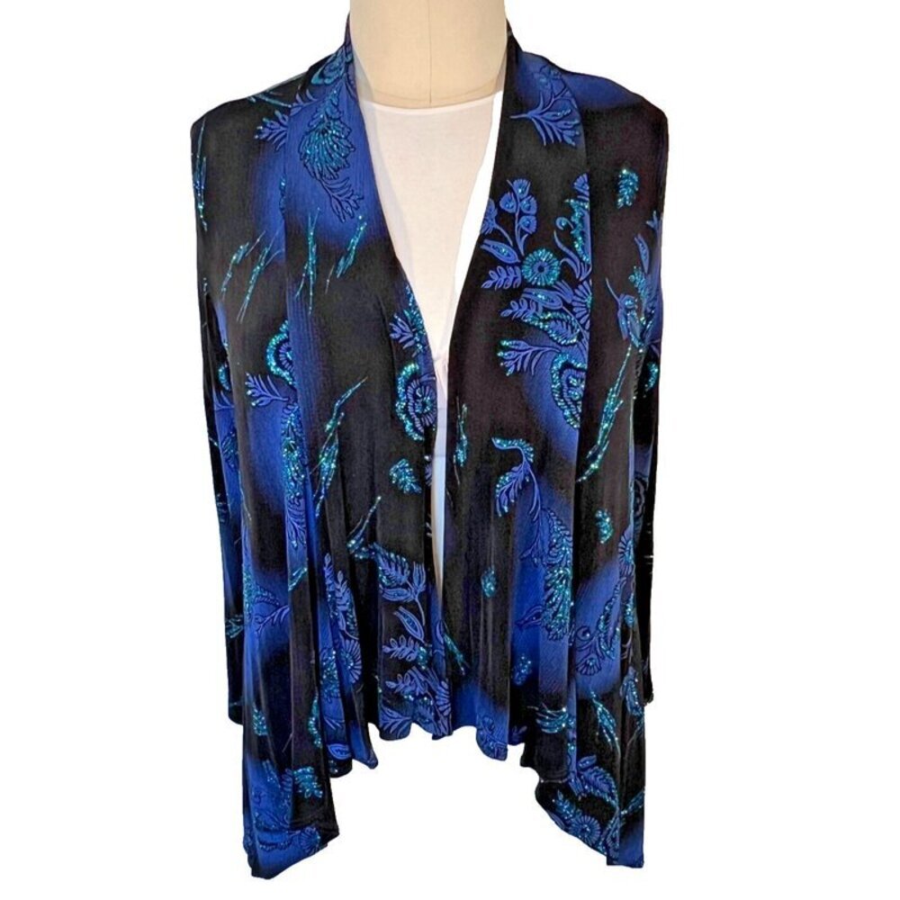 All Hours Womens L/XL Long Sleeve Turquoise Glitter Open Front Stretch Cardigan